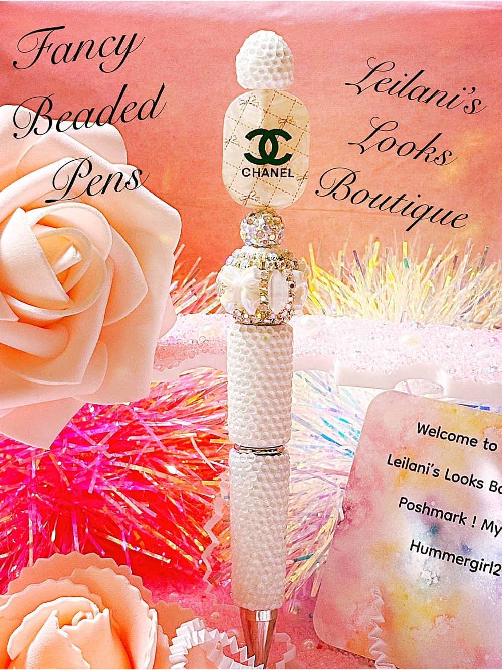 Fancy beaded Pen/gifts/white beads/white oval/
